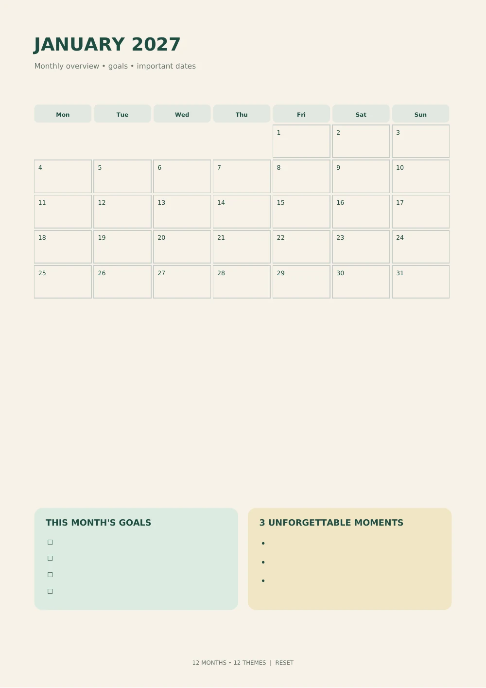 2027 Daily Planner: January monthly overview — interior page 3