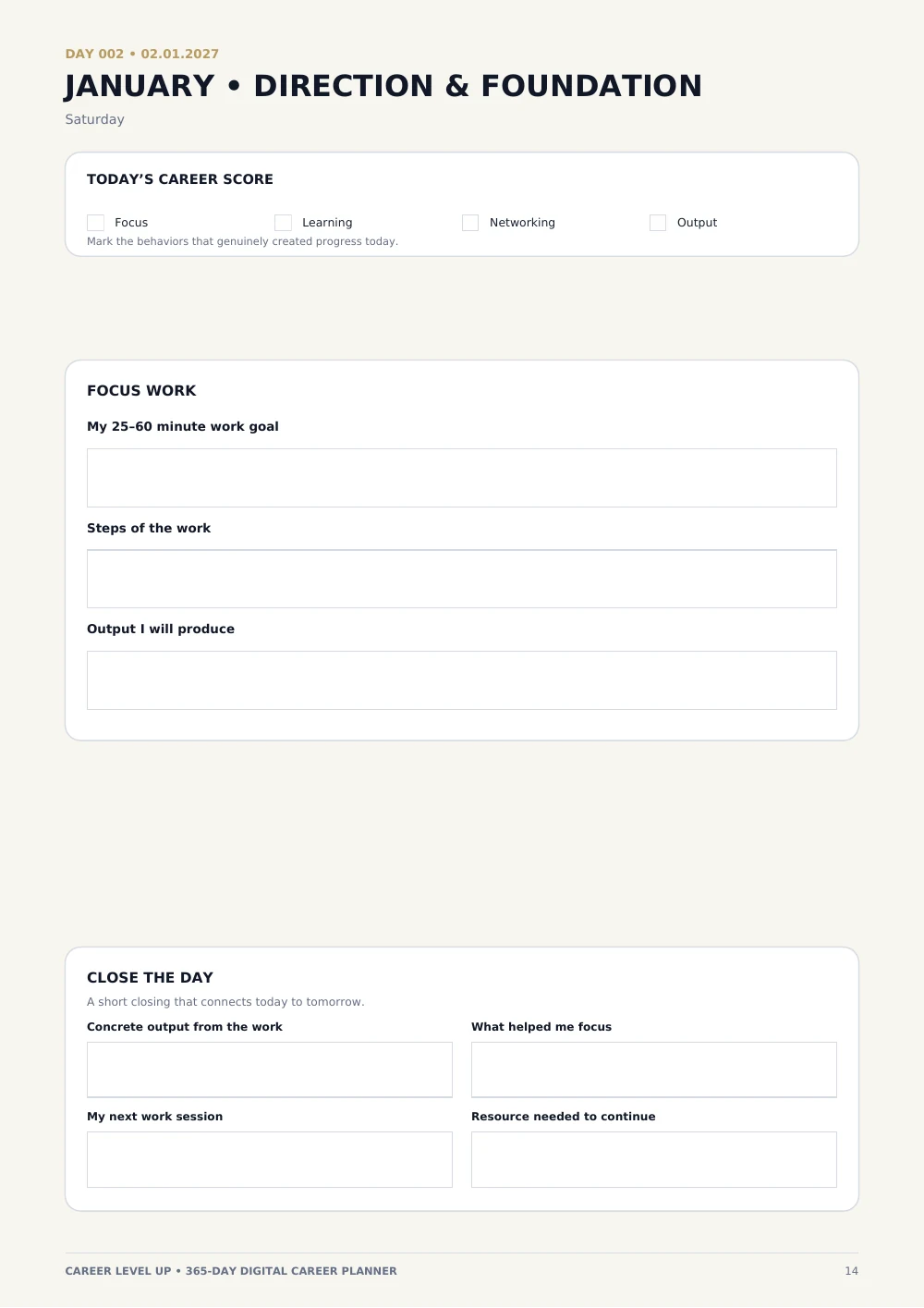 365-Day Career Planner: Day 002 focus work — interior page 14