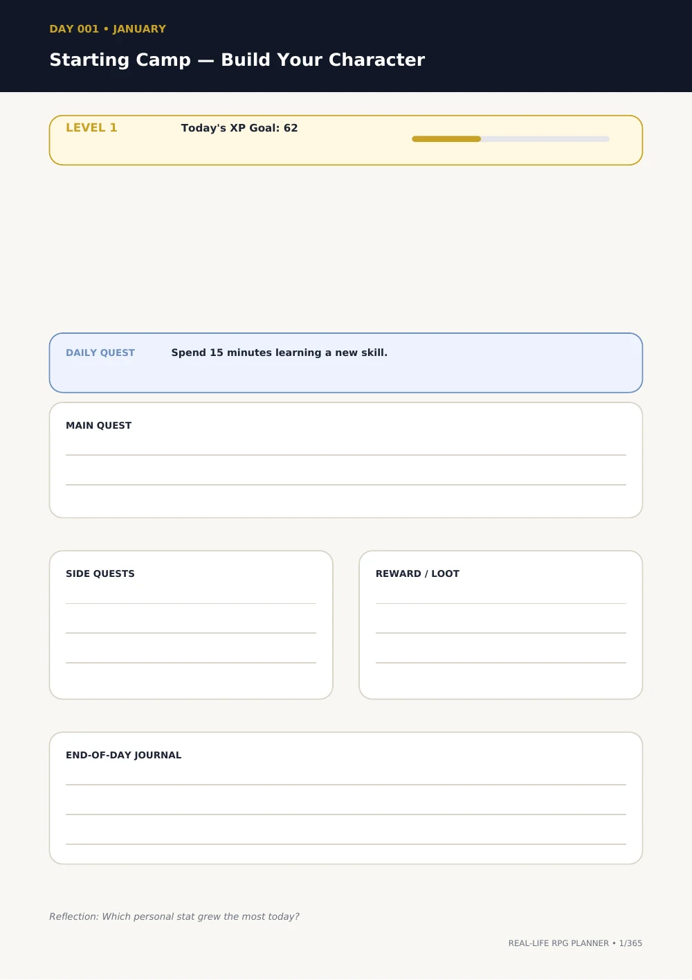 RPG Digital Planner: Starting Camp daily quests — interior page 3